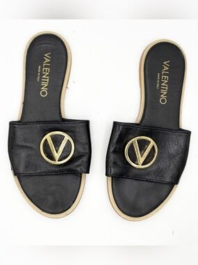 Valentino Authentic Bugola Black Leather Flats Sandals Gold Accents